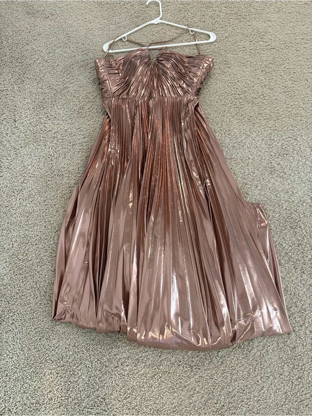 Strapless Metallic Rose Gold Pleated Evening Dress